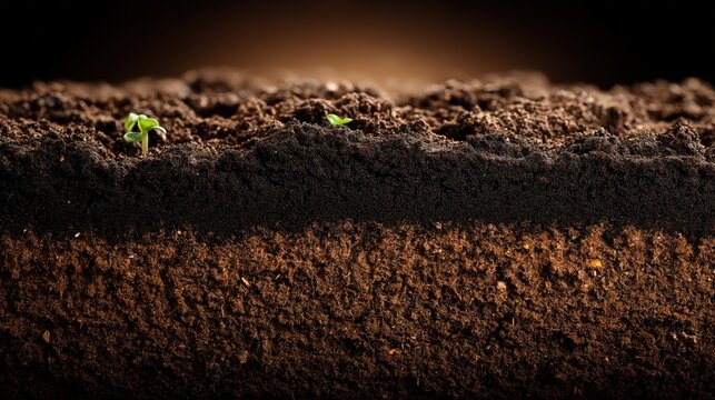 Tiny seedling emerges from rich dark soil layers