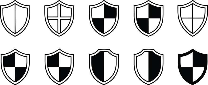 Set of ten different shield emblem icons with cross and quartered designs isolated on transparent background
