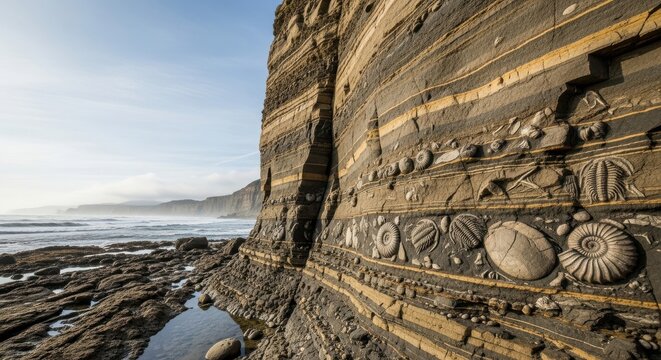 Exposed fossilized rock layers on a coastal cliff