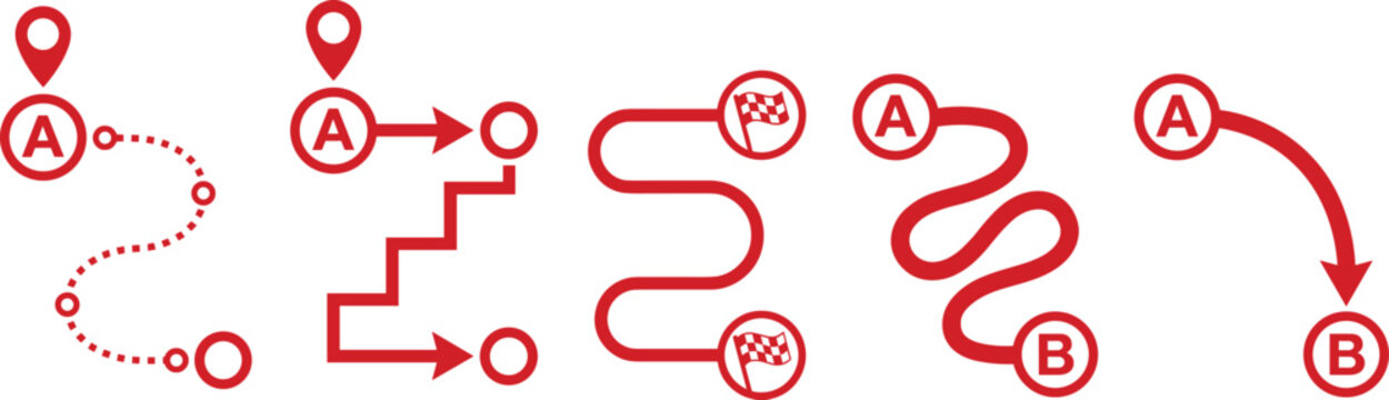 Minimalist red flowchart with location pins, directional arrows, and circular nodes illustrating navigation or process mapping on transparent background.