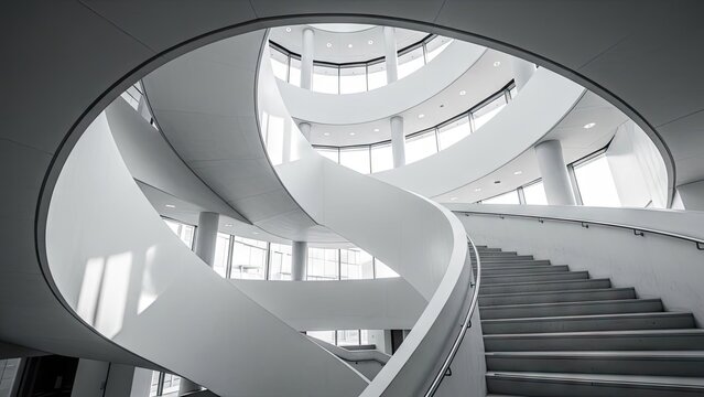 Minimalist white spiral staircase in modern building interior.