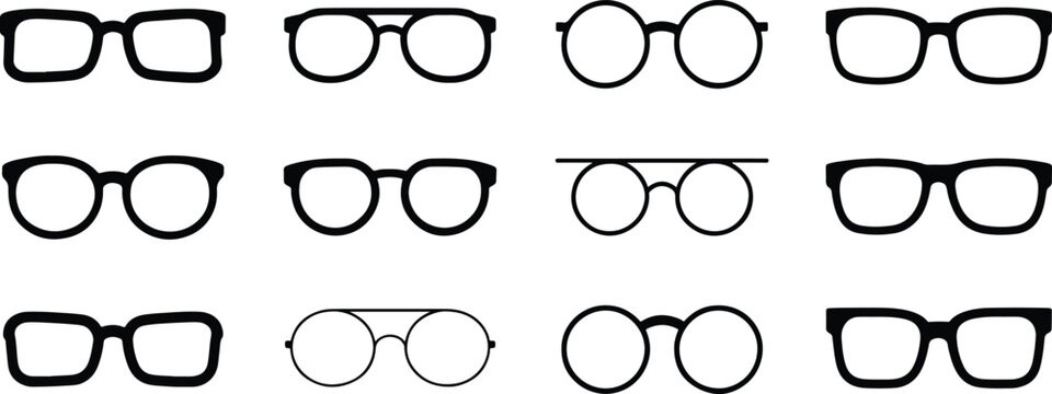 Set of twelve different eyeglass frame styles isolated on transparent background