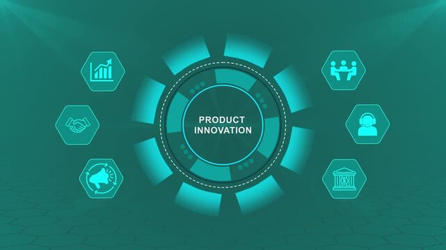 Product Innovation Technology Interface with Smart Business Strategy and Digital Enterprise Systems 4K black background visuals