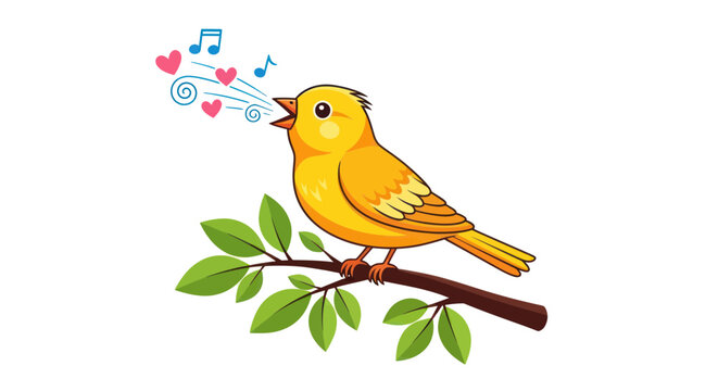 Joyful Canary Bird Singing Love Songs on a Branch with Hearts and Music Notes