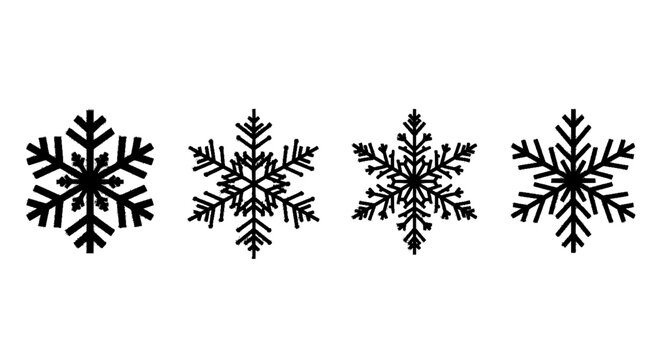 Minimal black silhouette icon, simple flat vector, bold black shape, no, no shading set of four different black snowflake icons on a, flat icon style