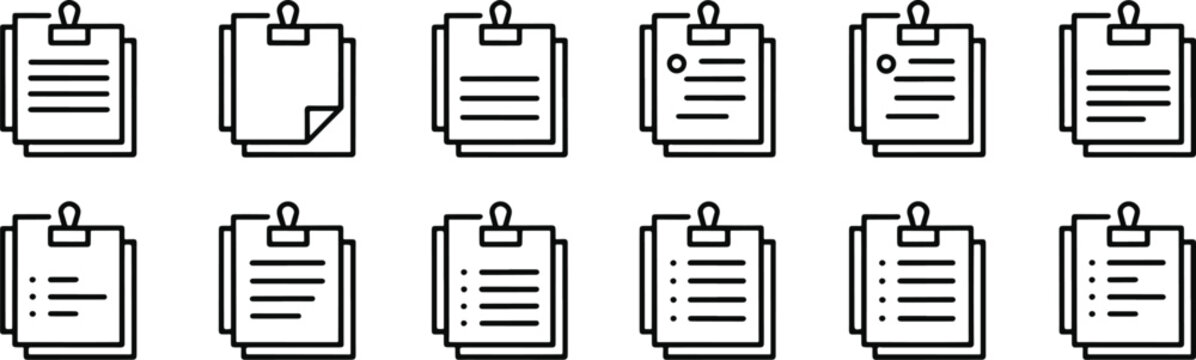 Set of twelve minimalist document and folder icons with paper sheets and file tabs