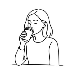 Dibujo sencillo con líneas de una mujer sentada con ropa informal, bebiendo de un vaso de papel con café, apoyada en una mesa  © teracreonte