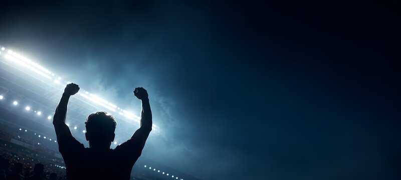 Silhouette of soccer fan or football player raising hands in celebration at stadium tonight with bright floodlights and copy space