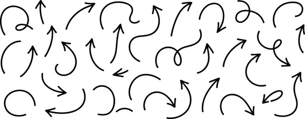 Collection of handdrawn black arrows and curves on a white background for graphic design © Gitika Roy