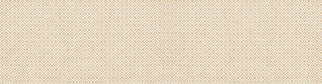 A seamless beige and white geometric diamond pattern on a textured woven fabric background, ideal for elegant interior design and home decor.