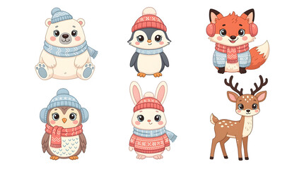 Obraz premium Cute Winter Animals Collection: A delightful assortment of charming cartoon animals, including a polar bear, penguin, fox, rabbit, and deer, all dressed in cozy winter attire like hats and scarves.
