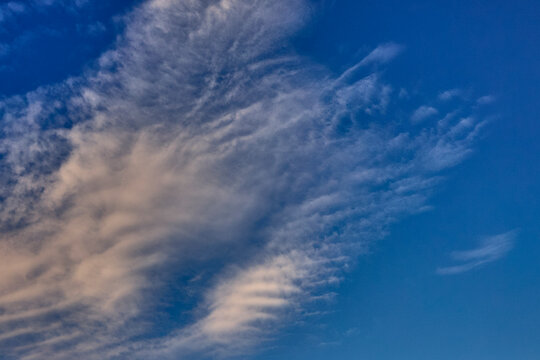 Zarte, faserige Cirrus-Wolken am strahlend blauen Himmel.