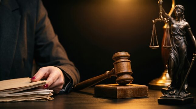 Female lawyers hand on legal documents with gavel and Themis statue in a courtroom setting.