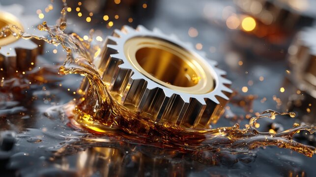 Close-up of gears splashing in liquid, creating dynamic motion and vibrant colors.