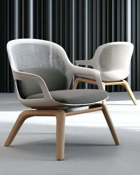 Modern chair design with mesh back, wooden legs, gray cushion, minimalist style, contemporary interior, comfortable seating