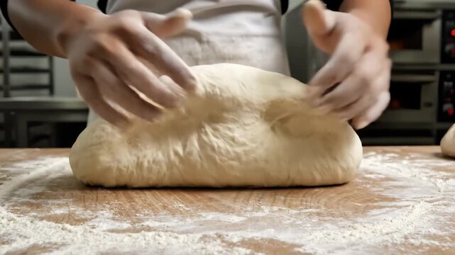In a lively bakery setting, skilled bakers work diligently, kneading soft, elastic dough on a wooden surface. Flour lightly coats their hands and the table, highlighting their craftsmanship.