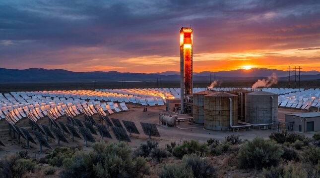 Concentrated solar power plant with a glowing central tower and heliostats reflecting sunset. Colorful desert sky, symbolizing power.
