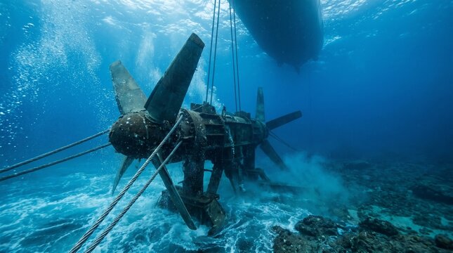 Large underwater tidal turbine being deployed or retrieved in deep blue ocean. Cables connect the industrial device to a boat above the surface.