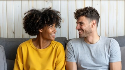 Fototapeta premium Smiling diverse couple a Black woman and a White man gaze lovingly at each other seated comfortably on a sofa in a home environment radiating warmth and mutual affection
