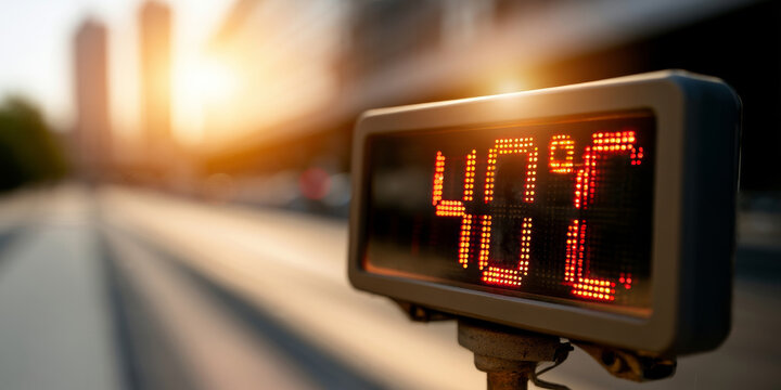 Digital street thermometer showing 40 degrees Celsius during a summer heatwave, representing extreme urban heat, climate change and hot weather warning