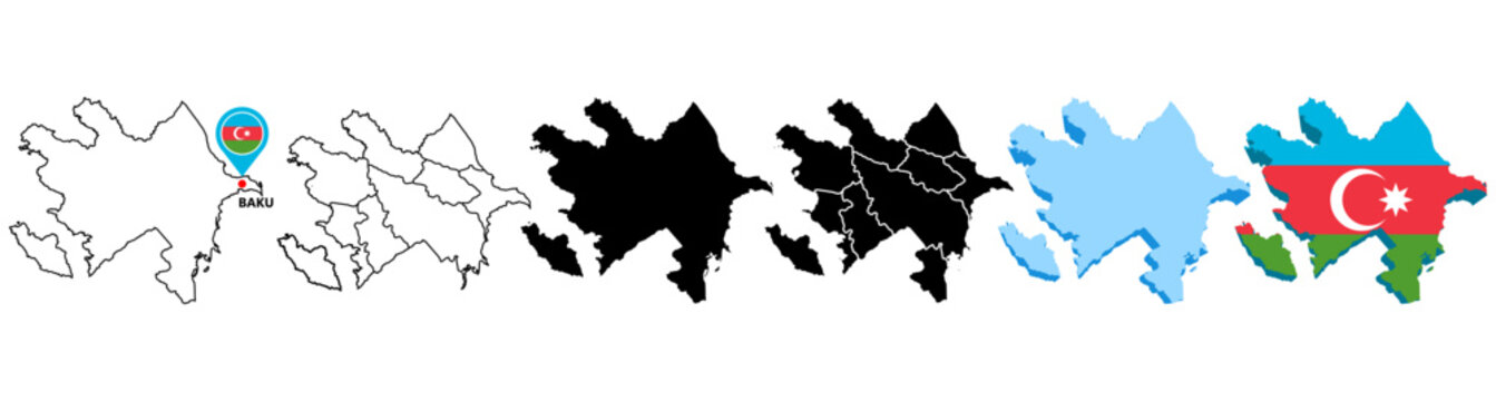 set collections Azerbaijan map infographic icon. High detailed stylized Azerbaijan map flag, border, 3D geometric, silhouette. Azerbaijan map pinned symbol design vector illustration