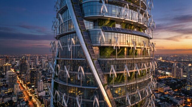 Modern skyscraper with integrated solar panels and vertical wind turbines, illuminated at sunset. Urban city skyline in the background, representing sustainable energy.
