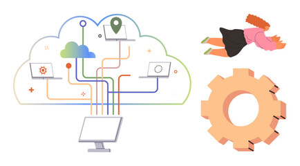 Technology, cloud computing, workflow automation, data management, innovation, and digital solutions. Cloud structure with connected devices, gear and a floating person. Cloud computing and workflow © robu_s