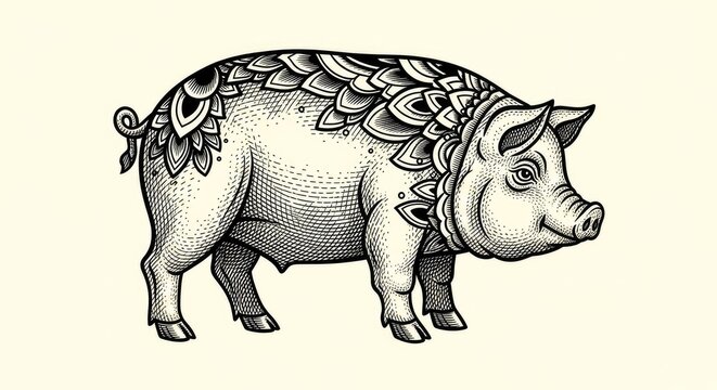 Intricate black ink pig engraving with decorative floral patterns