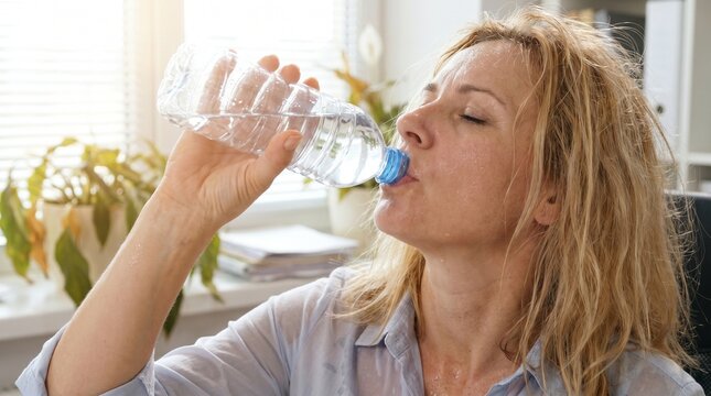 Sweaty, exhausted mature woman drinking water from a bottle in a hot, stuffy office. Concept of summer heatwave, dehydration, or menopause hot flashes