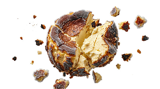 Deliciously cracked baked basque cheesecake with crisp golden brown texture on transparent background