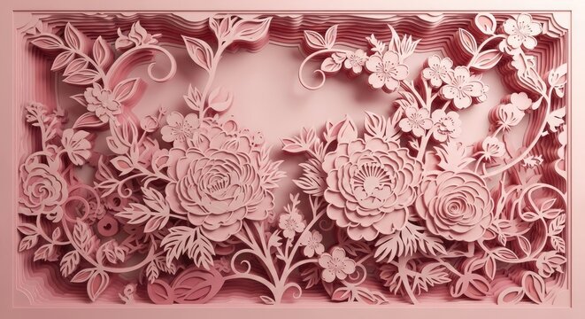 Pink paper cut flowers in layered 3D frame background