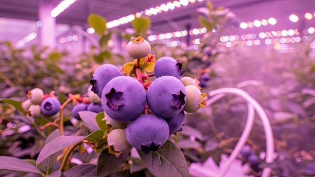 Ripe blueberries growing under pink LED lights in vertical farm