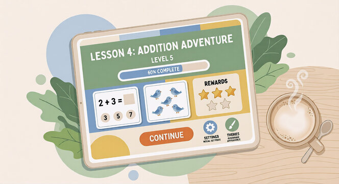 Educational Children Math App Interface on Tablet Screen with Addition Game