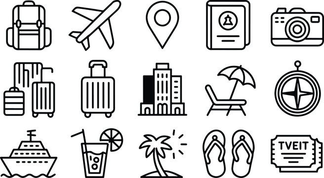 Collection of travel vacation and leisure icons isolated on transparent background
