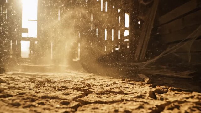 Beams of warm sunlight filter through aged wooden slats in an abandoned barn, casting golden rays on the dusty floor. Dust particles swirl gracefully in the serene, nostalgic atmosphere of dusk.