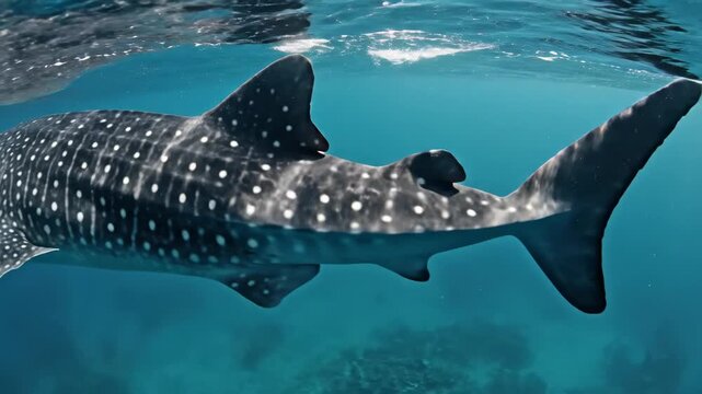 Whale shark underwater texture, close marine surface detail with spotted pattern and ocean color gradients for wildlife, conservation and abstract nature themes, filtered aquatic light, realistic