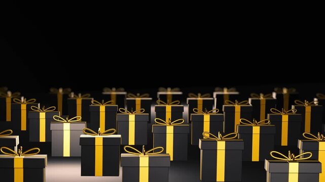 Rows of black gifts with golden ribbon on black background