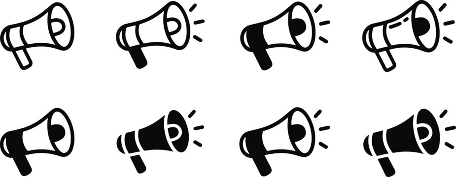 Set of eight hand drawn megaphone icons with increasing sound wave lines for communication