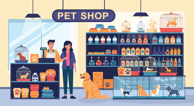 Interior of pet shop with clerk assisting customer near shelves of supplies, various animals in cages and tanks waiting for adoption by family.