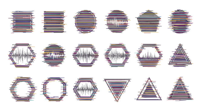 Collection of geometric shapes with colorful digital glitch and static effect, abstract graphic elements for modern technology and art designs.