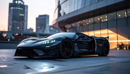 Obraz premium Sleek Black Sports Car Parked Outside Modern Glass Building at Dusk