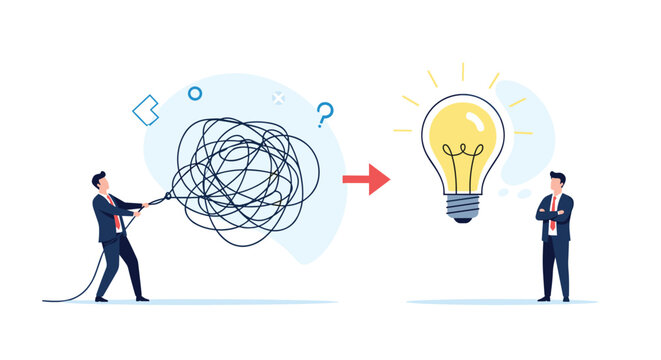 Businessman untangling a knot of confusion to reveal a bright idea, metaphor for creative thinking and effective problem solving process.
