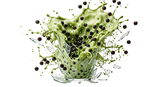 Dynamic matcha latte splash with shattered glass and boba pearls transparent background