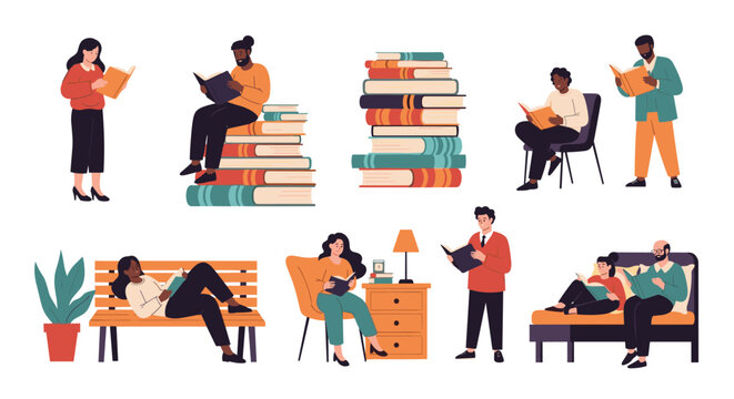 Collection of people reading books in different settings and poses, group of diverse characters enjoying literature and learning activities.