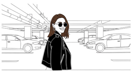 Woman in 2D CAD Vector illustration stands confidently amidst city traffic © Stock Image Paradise