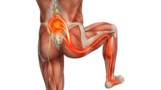 Sciatic nerve pain with lower back inflammation affecting hip leg and foot human anatomy render isolated on white background