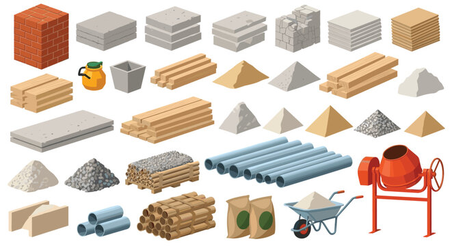 Collection of isometric construction materials and building equipment, set of objects including bricks wood pipes sand and concrete mixer.