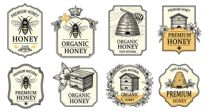 Set of vintage honey labels with bees and wooden beehives, collection of organic food badges featuring floral and insect illustrations.