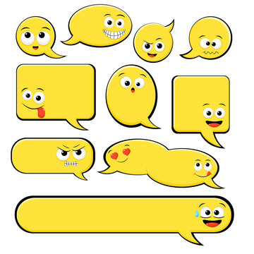 Set of empty comic speech bubbles with emoticon. Collection of comic sound cloud and volumetric cartoon emoji face in different expression - happy, sad, cry, fear, crazy. Vector illustration EPS8