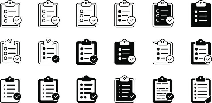 Set of sixteen modern smartphone app interface screens with checkmark selections isolated on transparent background